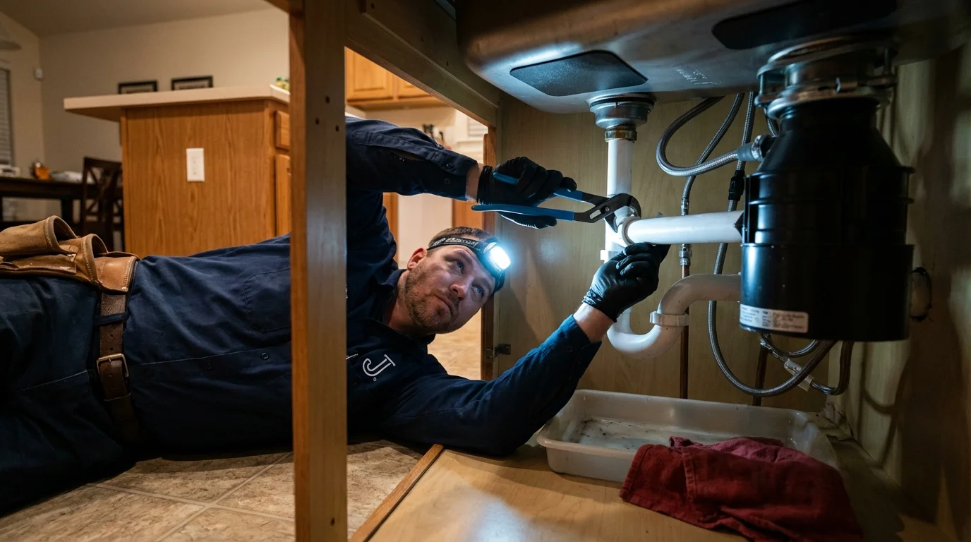 P-trap and supply line connections under a kitchen sink showing a common leak point in Templeton, CA